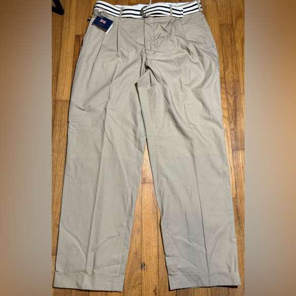 T Harris London Pants Mens 38x32 Beige Belted Cuffed Chino Pleated Khakis - Picture 2 of 5